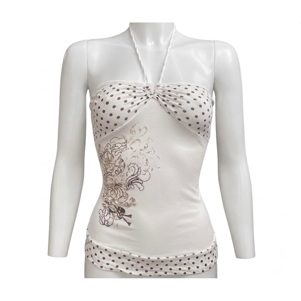 Unbranded Halter Top Womens Small White Excellent Polka Dot Skull Graphic Y2K
